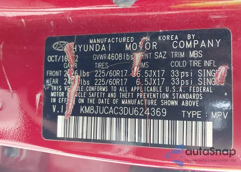 2013 Hyundai Tucson Gls из США, поврежденный, VIN KM8JUCAC3DU624369